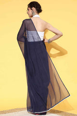 Organza Navy Blue Solid Celebrity Saree With Blouse