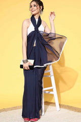 Organza Navy Blue Solid Celebrity Saree With Blouse