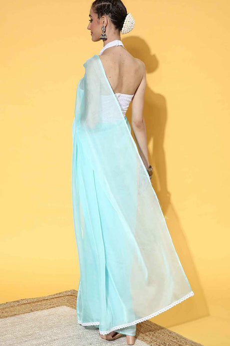 Organza Turquoise Solid Celebrity Saree With Blouse
