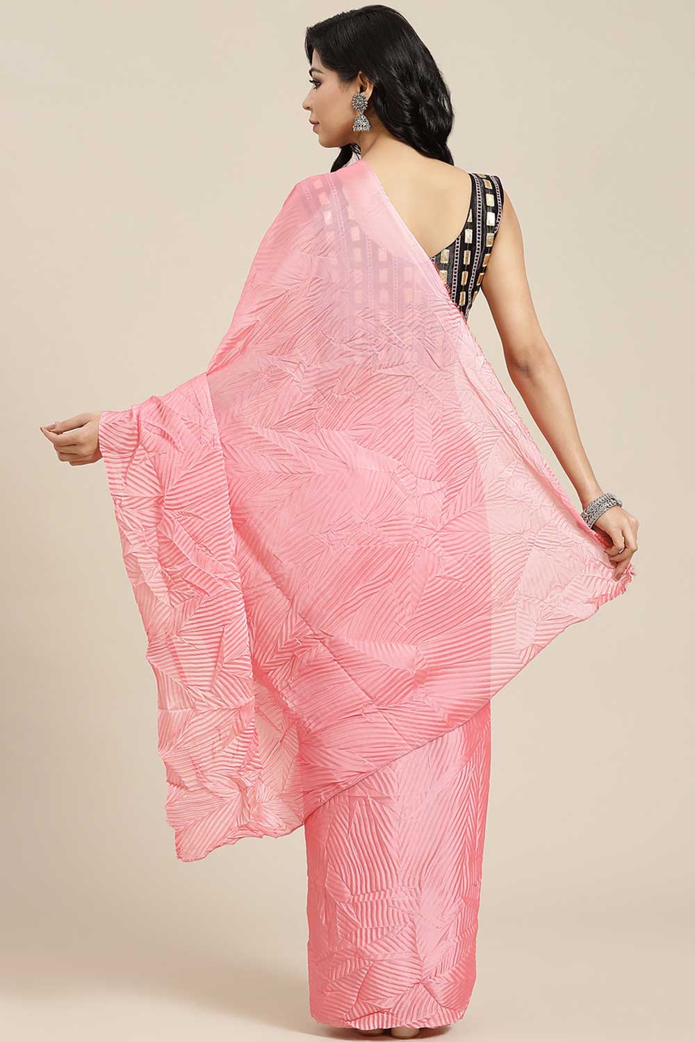 Buy Georgette Solid Saree in Pink Online - Back