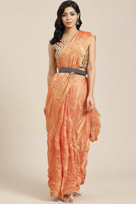 Buy Orange Georgette Pleated Saree Online