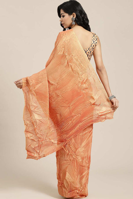 Buy Orange Georgette Pleated Saree Online - Back