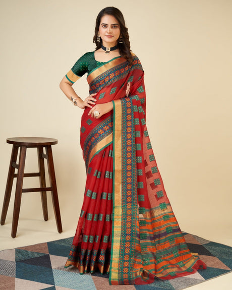 Red Semi Cotton Doriya Saree