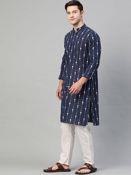 Buy Men's Navy Blue Cotton Printed Kurta Pajama Set Online