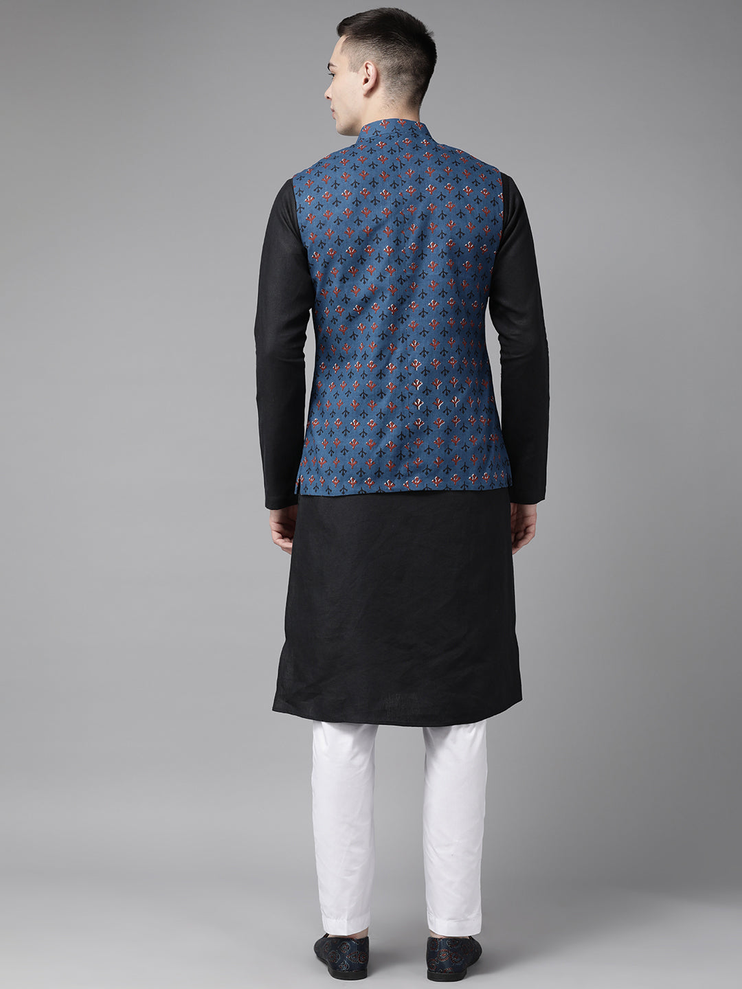 Buy Men's Blue Pure Cotton Printed Nehru Jacket Online - Front