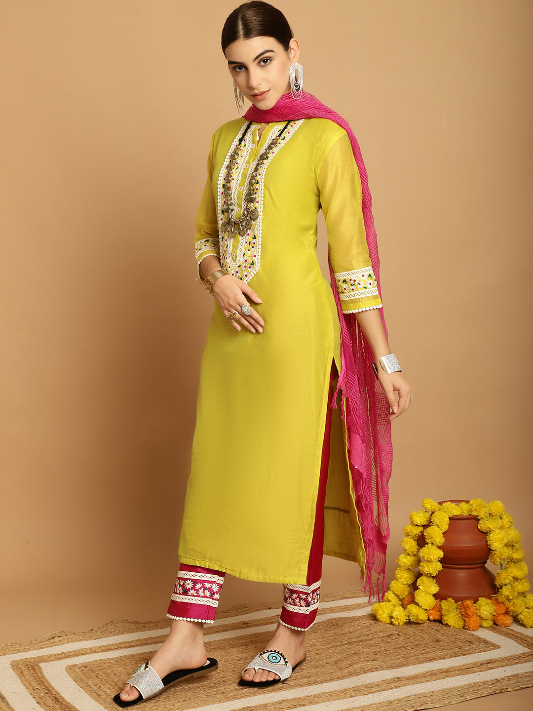 Yellow  Chanderi Printed Kurti Set