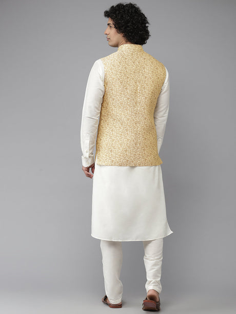 Buy Men's Gold Art Silk Jacquard Woven Design Nehru Jacket Online - Front