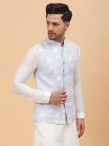Buy Men's Sky Blue Art Silk Jacquard Woven Design Nehru Jacket Online - Front