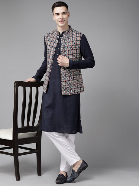 Buy Men's Blue Pure Cotton Printed Nehru Jacket Online
