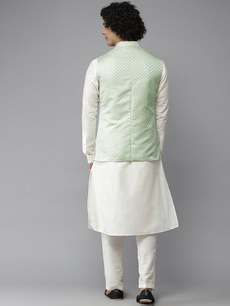 Buy Men's Green Art Silk Jacquard Woven Design Nehru Jacket Online - Front