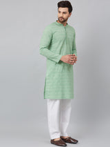 Buy Men's Green Cotton Chikankari Embroidered Kurta Pajama Set Online - Side