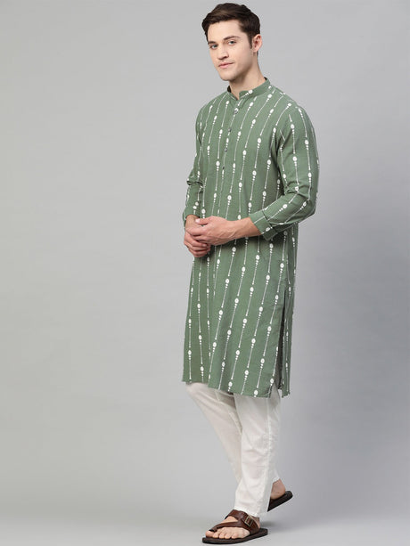 Buy Men's Green Cotton Printed Straight Kurta Online