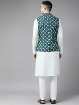 Buy Men's Teal Blue Pure Cotton Printed Nehru Jacket Online - Front