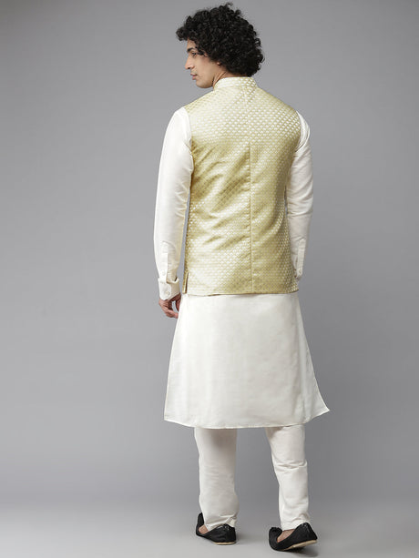 Buy Men's Yellow Art Silk Jacquard Woven Design Nehru Jacket Online - Front