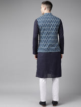 Buy Men's Blue Pure Cotton Printed Nehru Jacket Online - Front