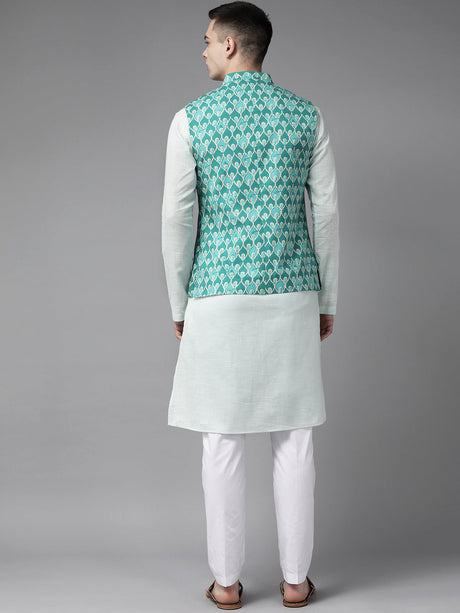 Buy Men's Green Pure Cotton Jacquard Woven Design Nehru Jacket Online - Front