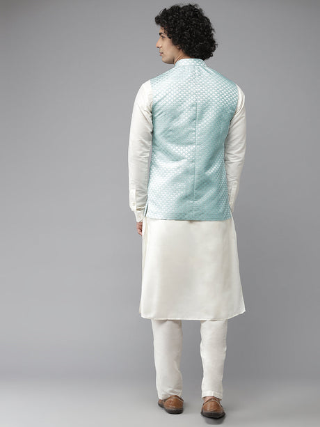 Buy Men's Sky Blue Art Silk Jacquard Woven Design Nehru Jacket Online - Front