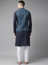 Buy Men's Blue Pure Cotton Printed Nehru Jacket Online - Front