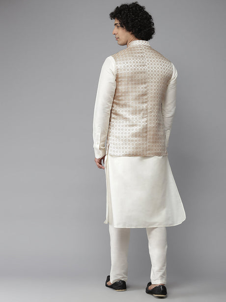 Buy Men's Gold Art Silk Jacquard Woven Design Nehru Jacket Online - Back