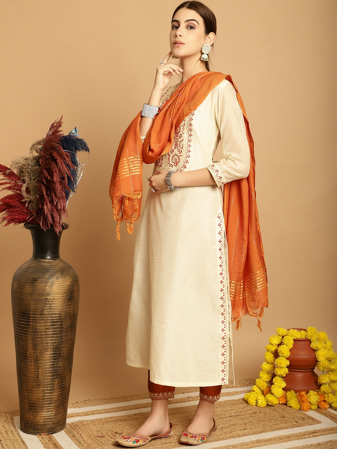 Cream  Chanderi Printed Kurta Set