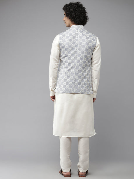 Buy Men's Sky Blue Art Silk Jacquard Woven Design Nehru Jacket Online - Back