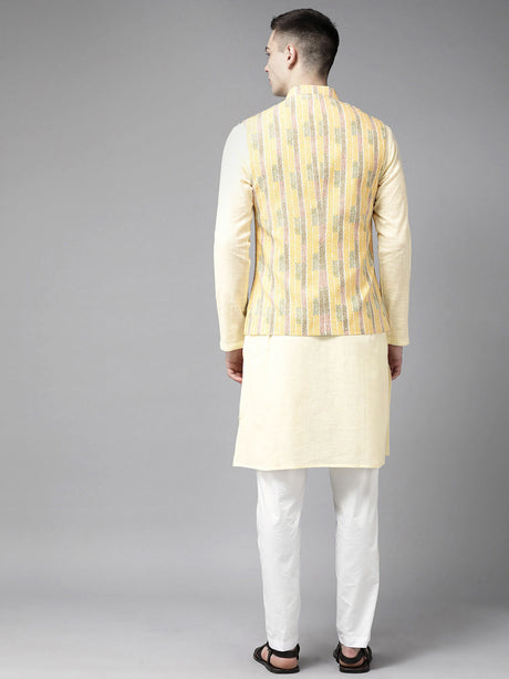 Buy Men's Yellow Pure Cotton Printed Nehru Jacket Online - Front