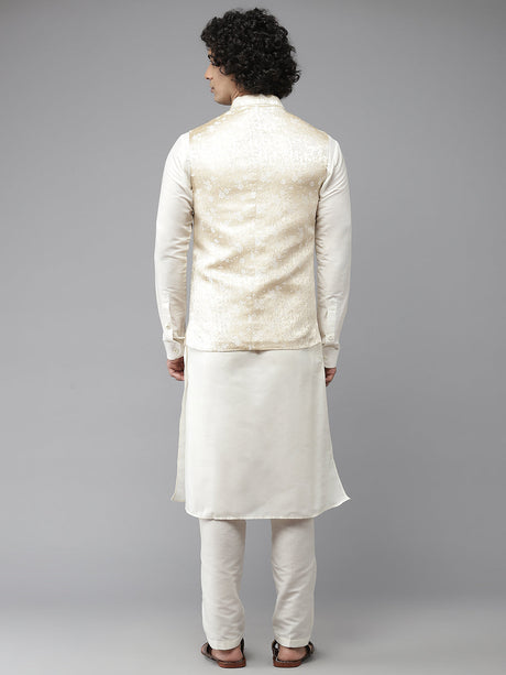 Buy Men's Gold Art Silk Jacquard Woven Design Nehru Jacket Online - Back