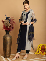 Grey  Chanderi Printed Kurta Set