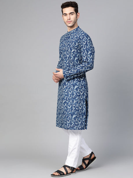 Buy Men's Blue Cotton Tie-And-Dye Block Prints Kurta Pajama Set Online - Back