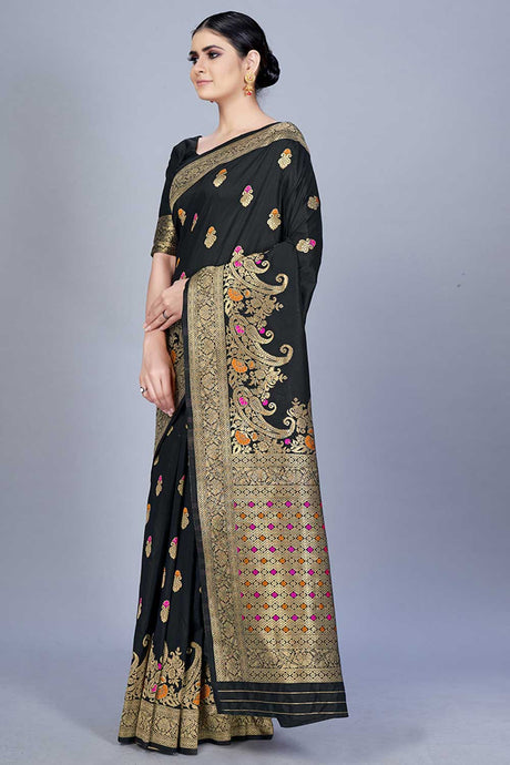 Buy Banarasi Art Silk Woven Saree in Black - Back