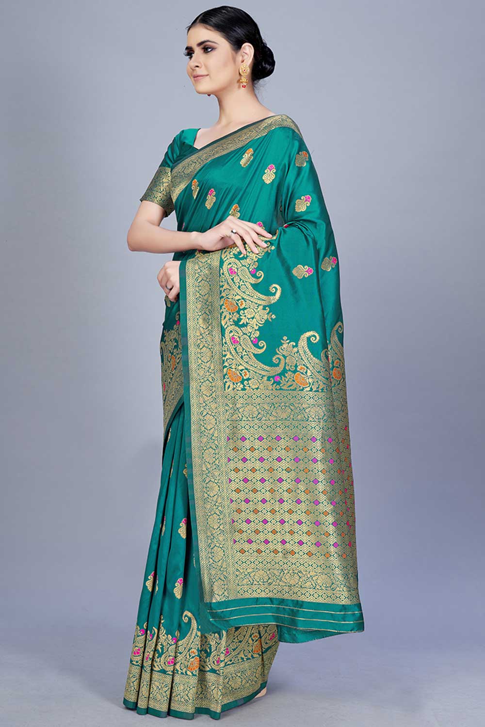 Buy Banarasi Art Silk Woven Saree in Teal - Back