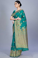 Buy Banarasi Art Silk Woven Saree in Teal - Back