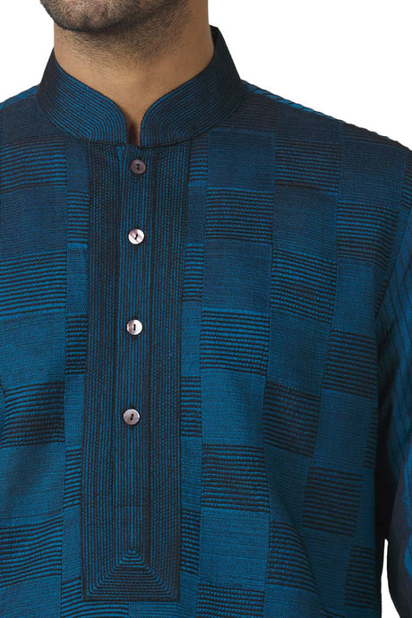 Men's Teal Blue Silk Embroidered Full Sleeve Kurta Churidar