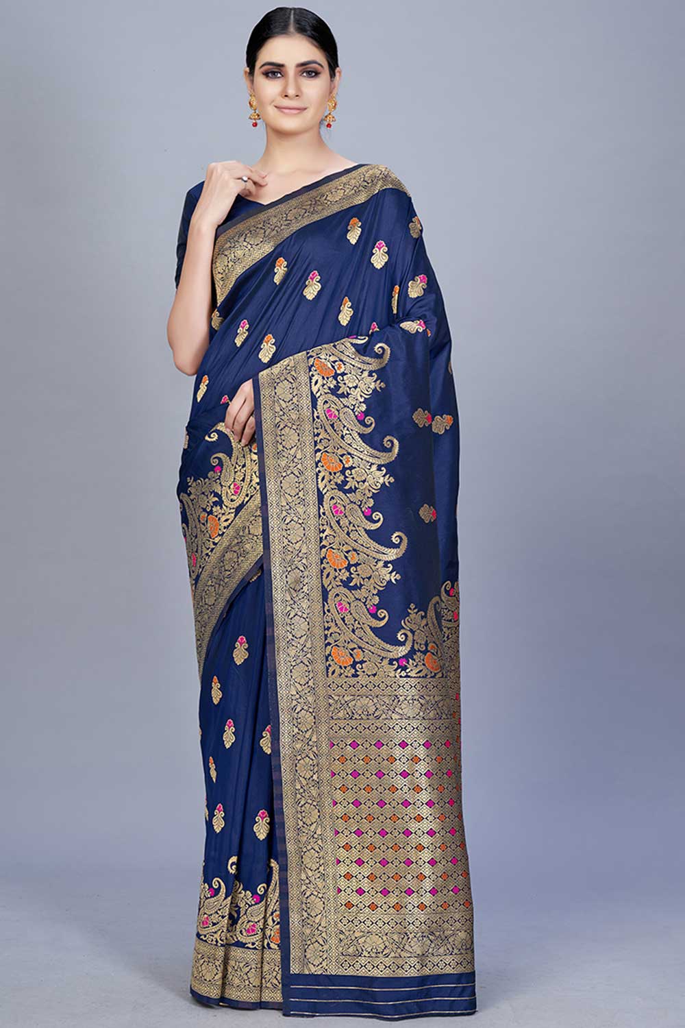 Buy Banarasi Art Silk Woven Saree in Navy Blue Online