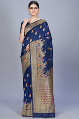 Buy Banarasi Art Silk Woven Saree in Navy Blue Online