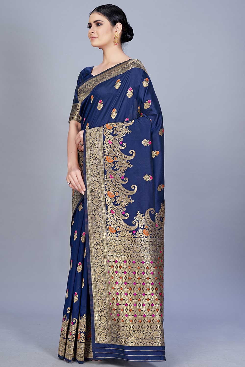 Buy Banarasi Art Silk Woven Saree in Navy Blue - Back