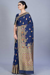 Buy Banarasi Art Silk Woven Saree in Navy Blue - Back