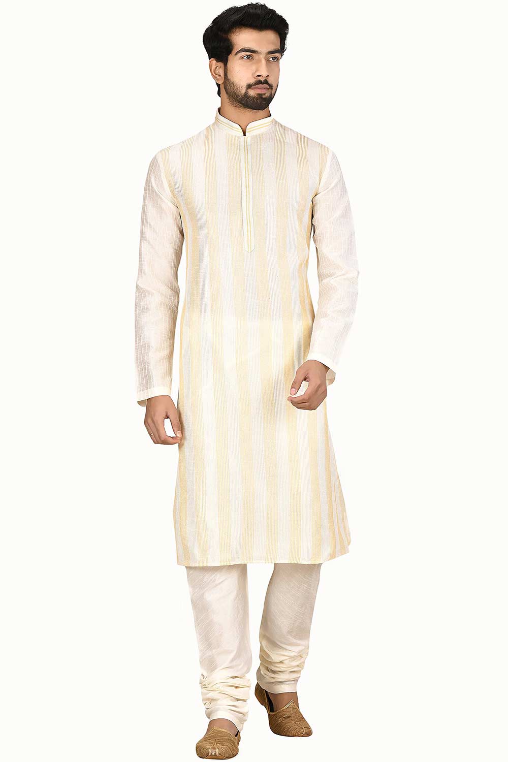 Men's Cream Cotton Embroidered Full Sleeve Kurta Churidar