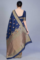 Buy Banarasi Art Silk Woven Saree in Navy Blue - Front