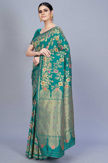 Buy Banarasi Art Silk Woven Saree in Teal - Back