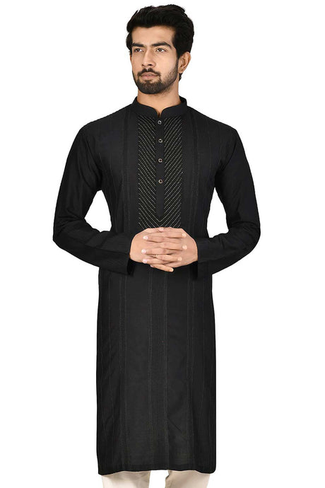 Men's Black Silk Embroidered Stripe Full Sleeve Kurta Churidar