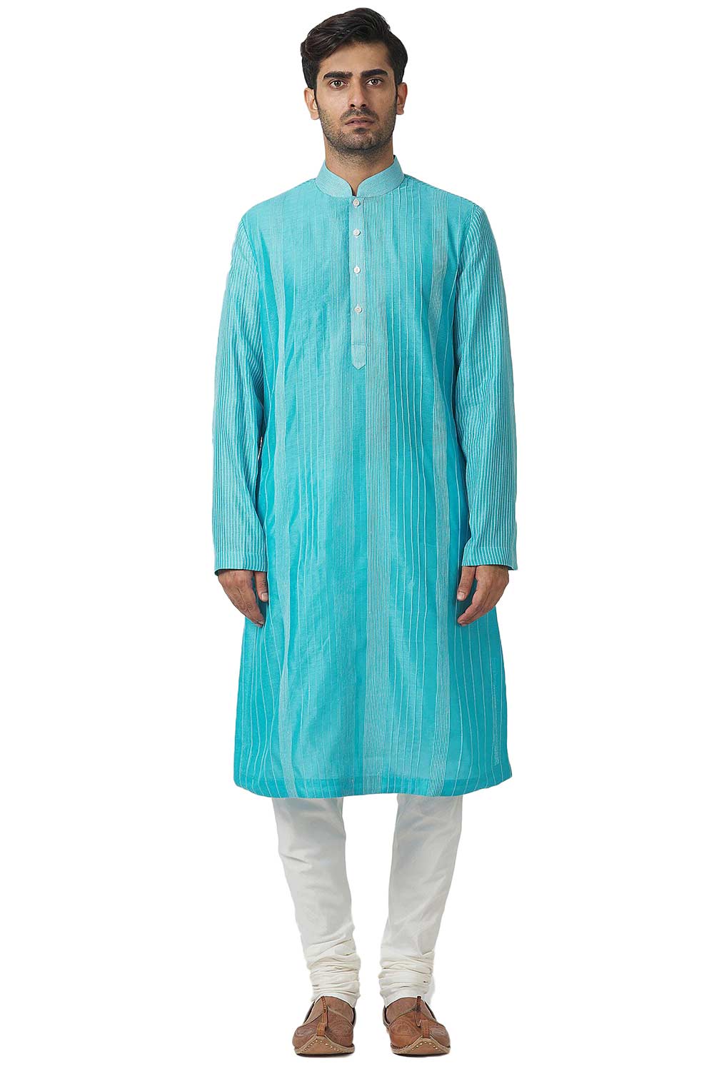 Men's Turquoise Cotton Embroidered Full Sleeve Kurta Churidar