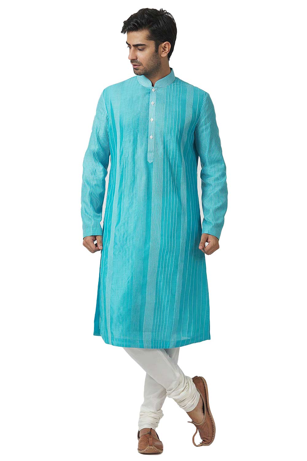 Men's Turquoise Cotton Embroidered Full Sleeve Kurta Churidar