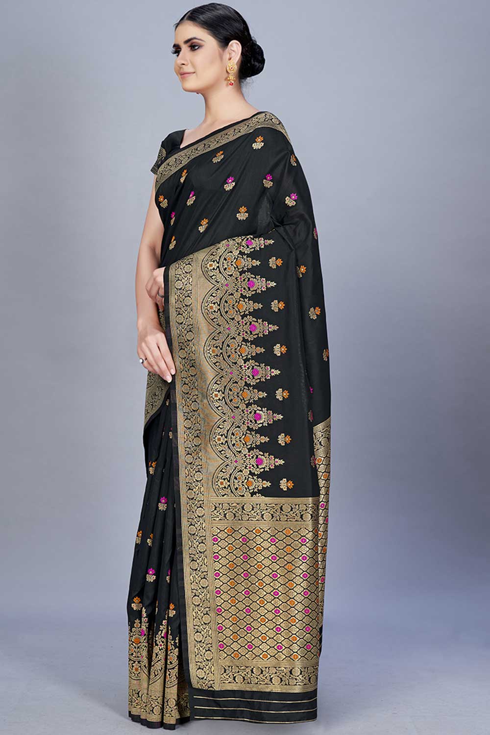 Buy Banarasi Art Silk Woven Saree in Black - Back