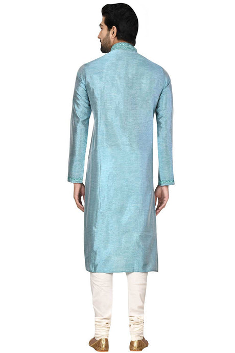 Men's Sky Blue Silk Embroidered Full Sleeve Kurta Churidar