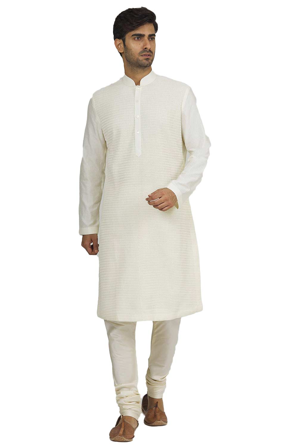 Men's Cream Cotton Embroidered Full Sleeve Kurta Churidar