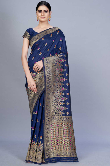 Buy Banarasi Art Silk Woven Saree in Navy Blue Online