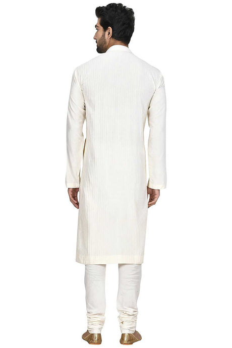 Men's Cream Silk Embroidered Full Sleeve Kurta Churidar