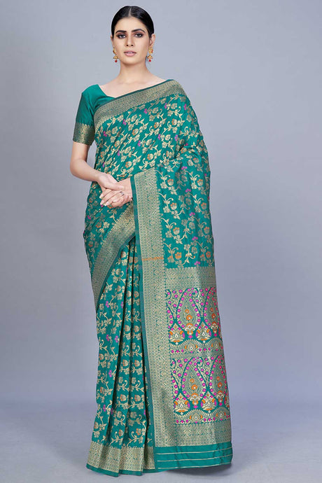 Buy Banarasi Art Silk Woven Saree in Turquoise Online