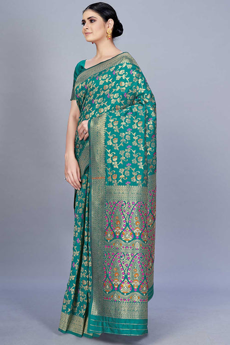 Buy Banarasi Art Silk Woven Saree in Turquoise - Back